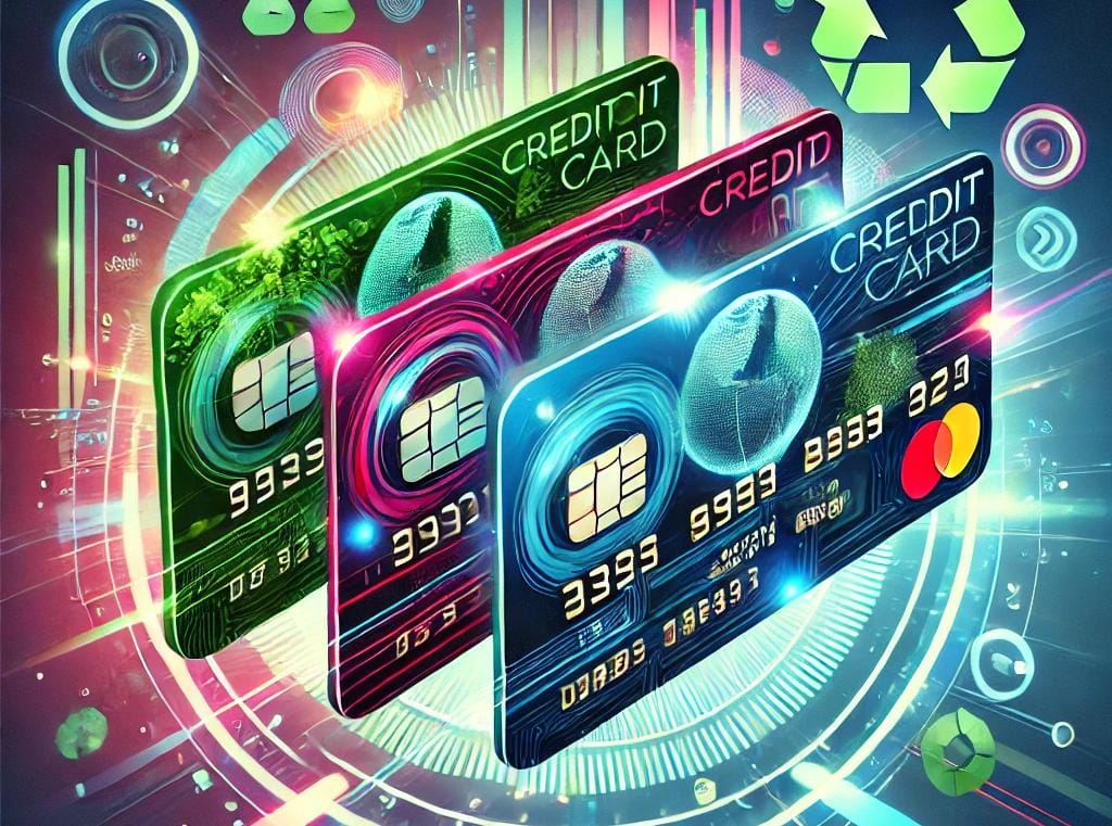 Futuristic credit cards for 2025 featuring eco-friendly materials, holographic security, and digital payment advancements, reflecting trends like AI-driven personalization, virtual cards, and biometric authentication